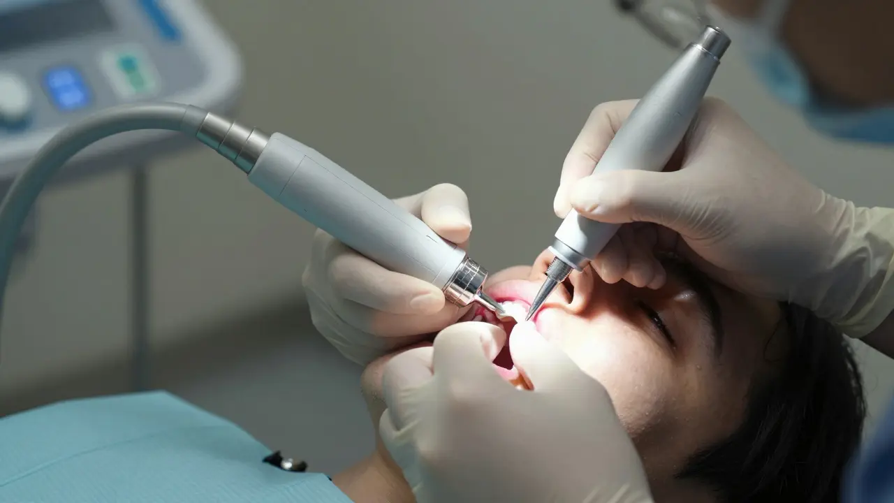 Zubní lékař provádí hluboké čištění pod dásněmi pomocí ultrazvukového nástroje.