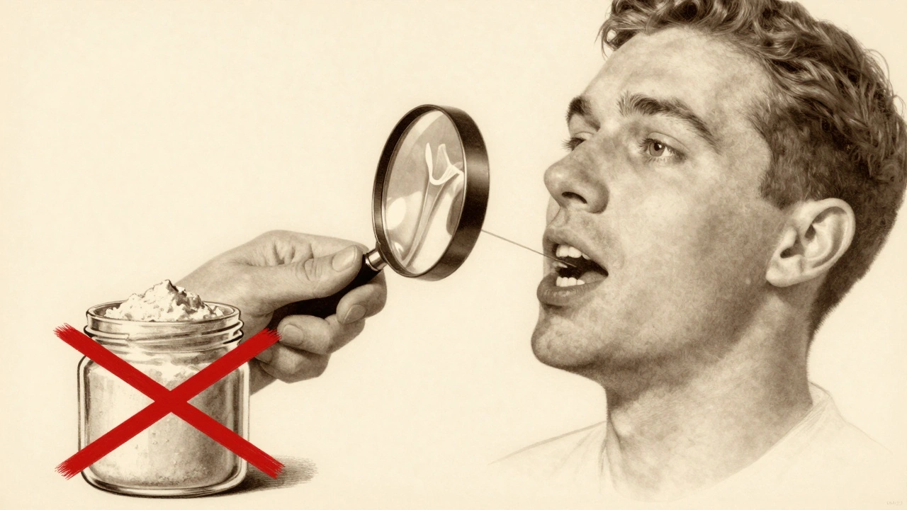 Zubní lékař ukazuje na rentgenový snímek s tenkou sklovinou, vedle něj je zakázaný prášek.