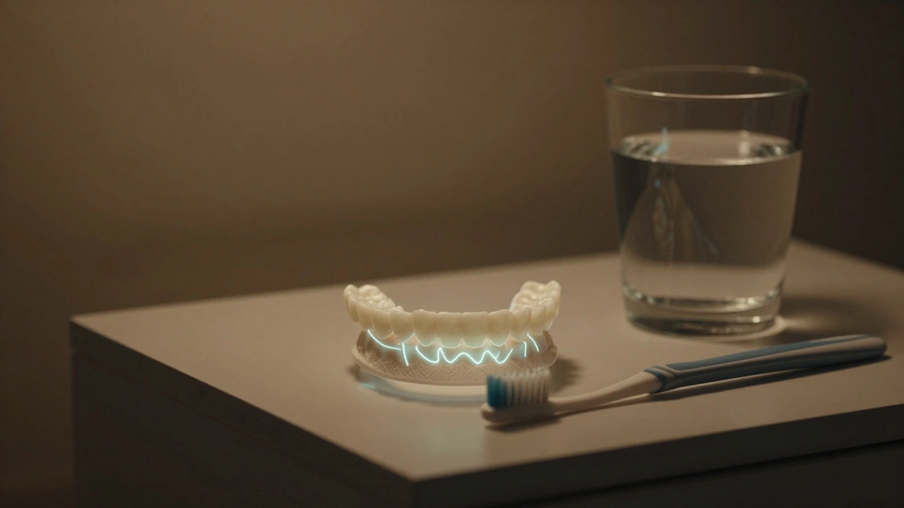 Zubní ochranná plátna na noční stolek, symbolizující ochranu proti skřípání zuby.