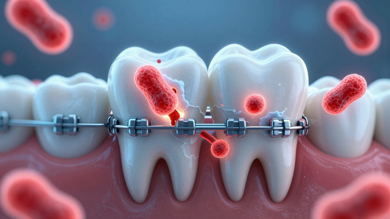 Zvětšený pohled na bakterie a kyselinu ničící zubní emal.
