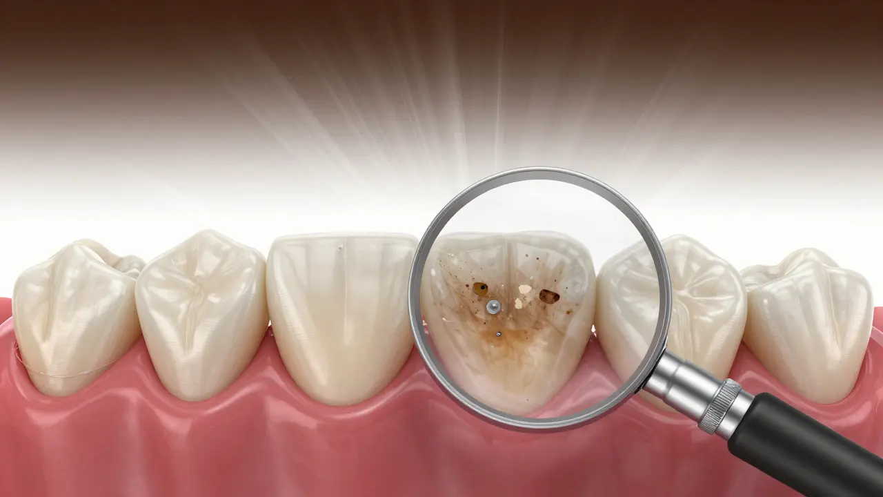 Zvětšený pohled na zubní sklovinu s rozkladem pigmentů a ochranou dásně.