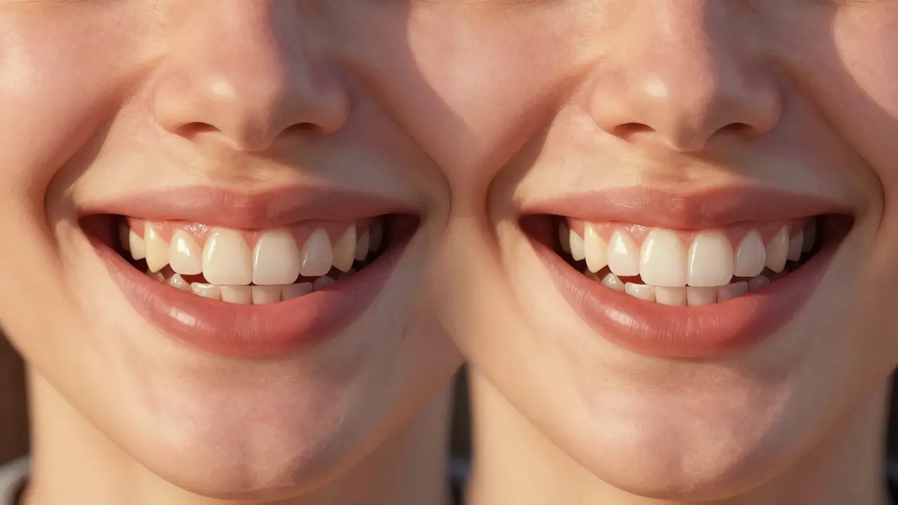 Before and after smile transformation showing natural-looking composite veneers on front teeth.