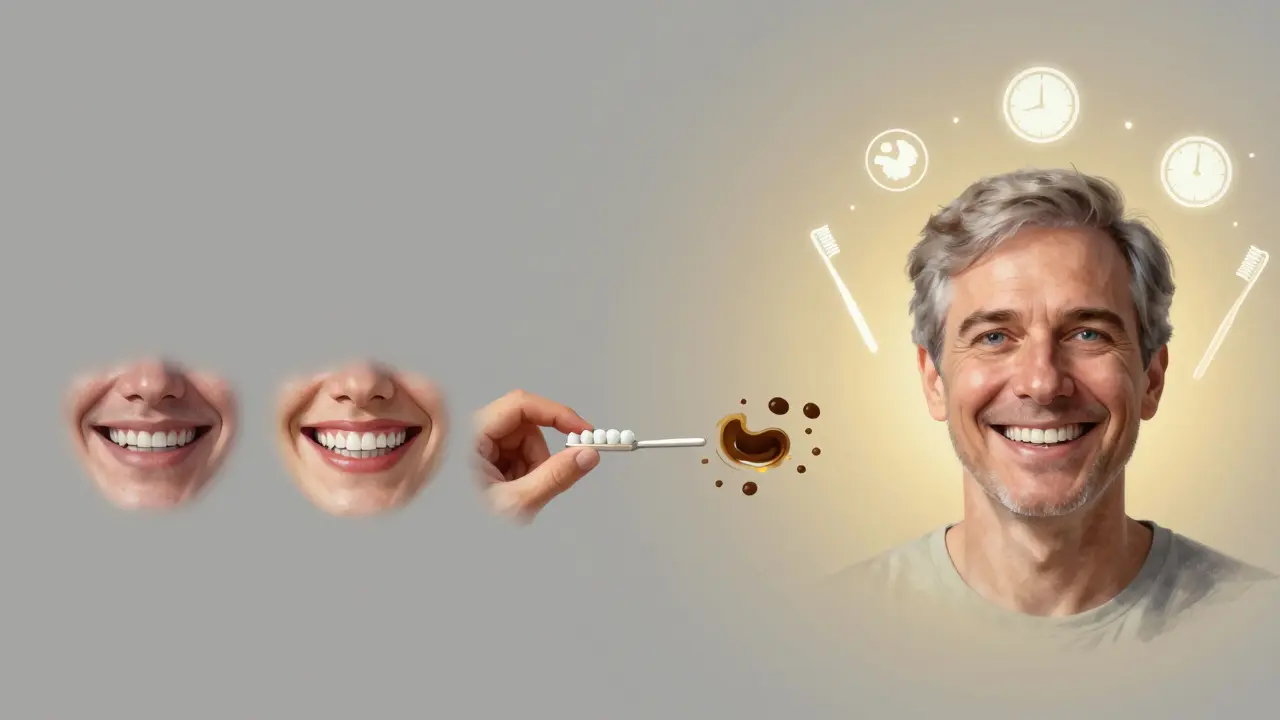 Časová osa přeměny úsměvu: křivé zuby → fazety → trvalý úsměv.