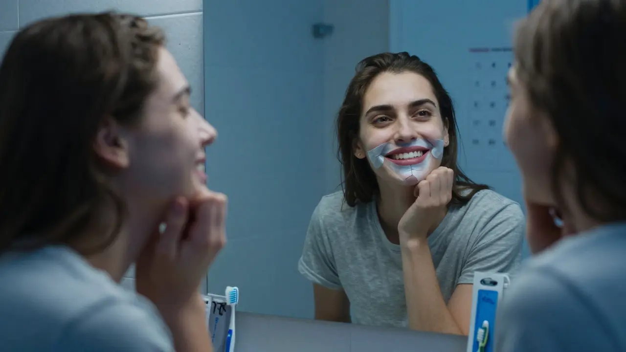 Člověk se usmívá, ale v zrcadle vidíme poškozené zuby a dásně — výsledek nevhodného použití bělicích pásů.