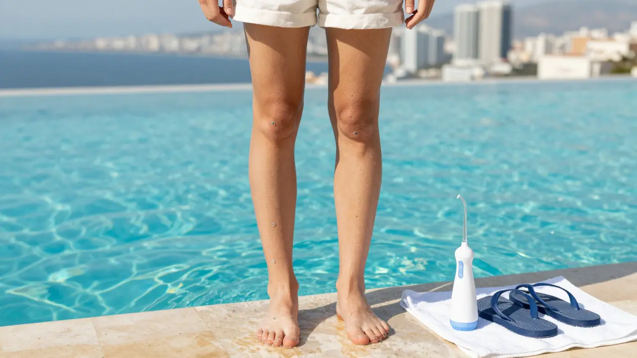 Člověk ve vodě s rovnátky, v pozadí moře a město, na pobřeží vodní čistič.