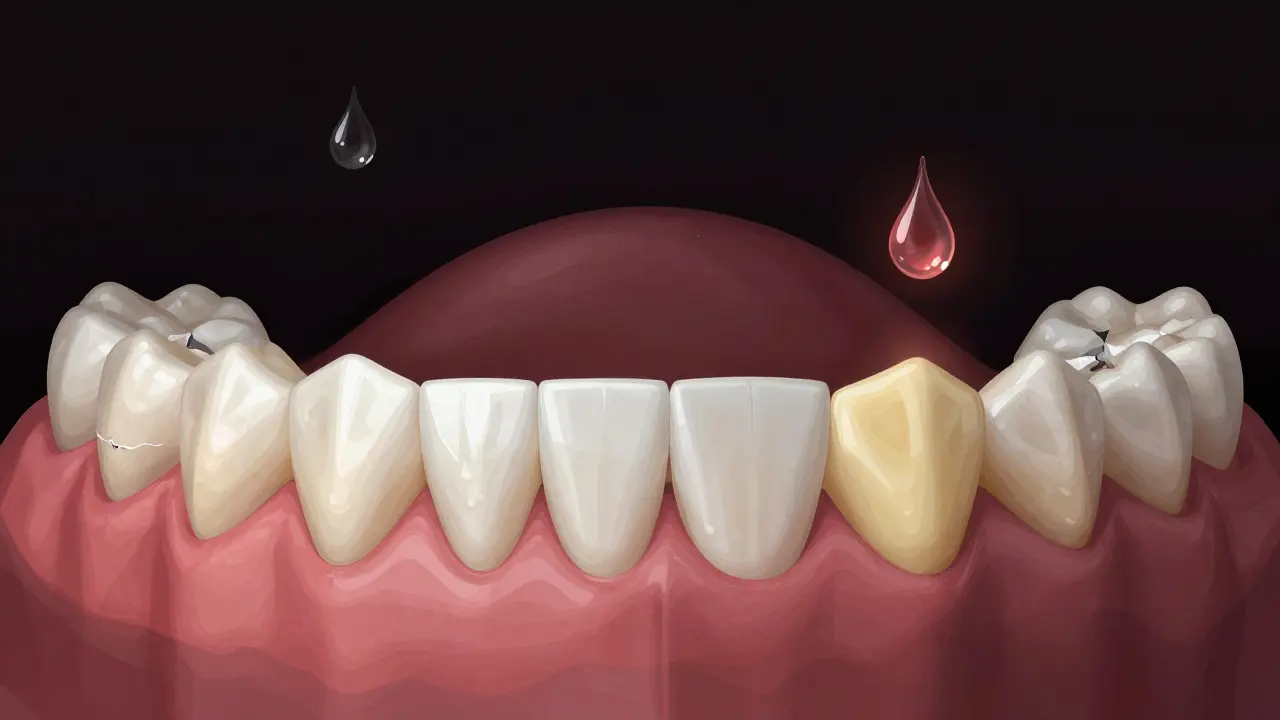 Dentální model s nejednotně zbarvenými zuby: bílé přirozené zuby vedle žlutých náhrad a poškozenými dásněmi.