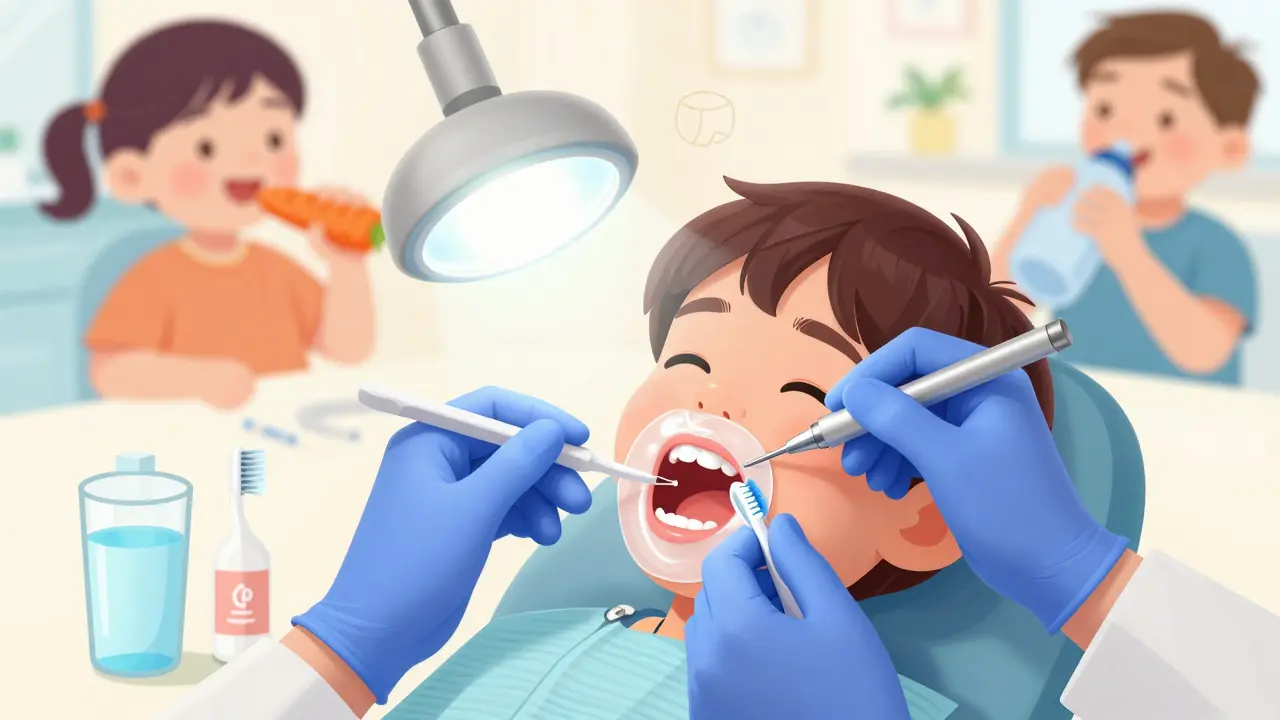 Dentista aplikuje sealant na zub s hlubokými štěrbinami.