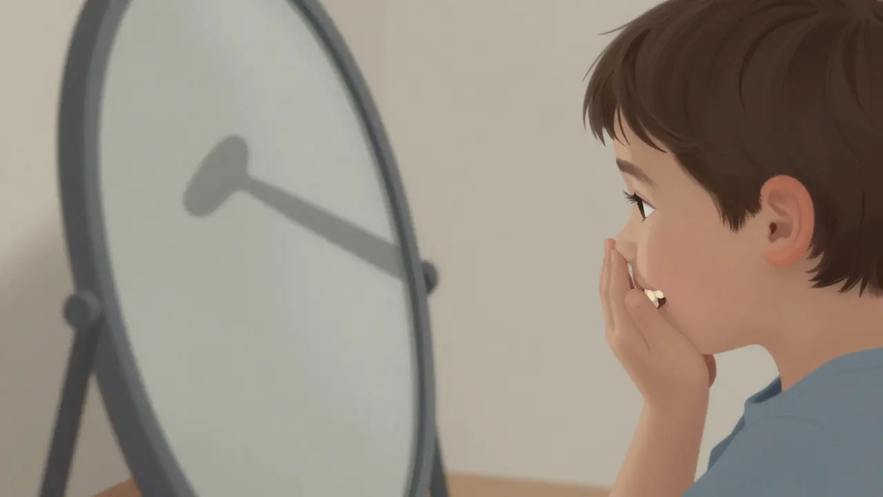 Dítě přikrývá ústa rukou před zrcadlem, kde jsou na zubech vidět žluté skvrny zubního kamene.