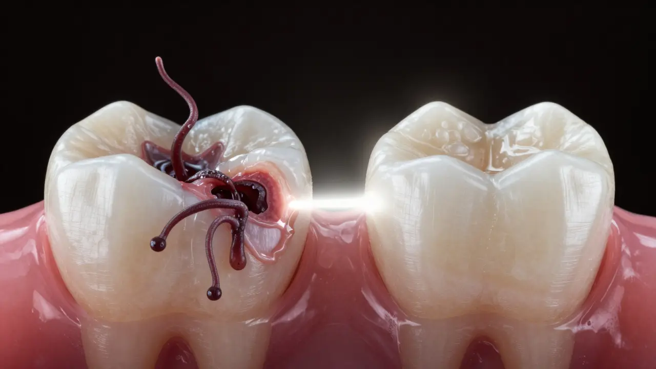 Dva pohledy na zub: infikovaný poškozený proti dokonalé zirkoniové korunce.