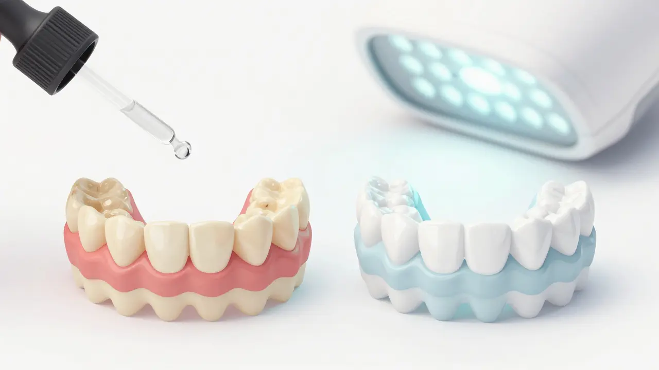 Dva soubory zubů vedle sebe: jedny žluté s skvrnami, druhé jasnější s aplikací bělícího gelu.