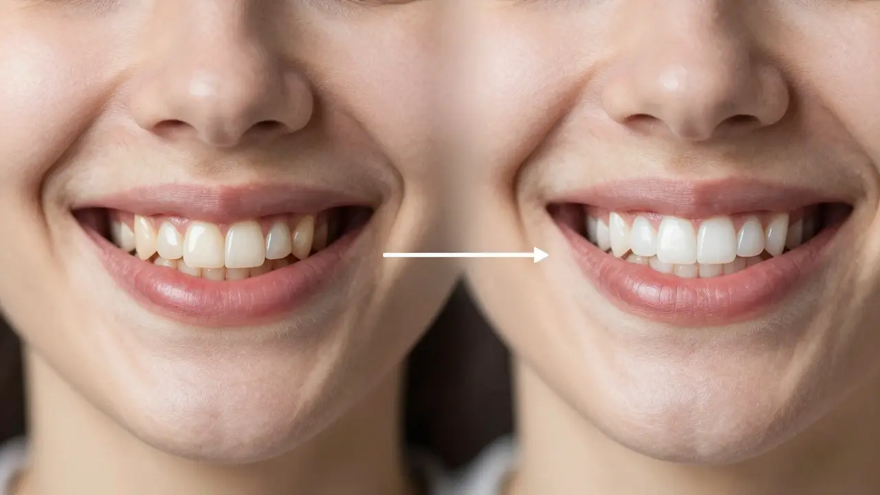 Dva vedle sebe umístěné úsměvy: jedny zuby znečištěné, druhé vybělené laserem, s jasným rozdílem v barvě.