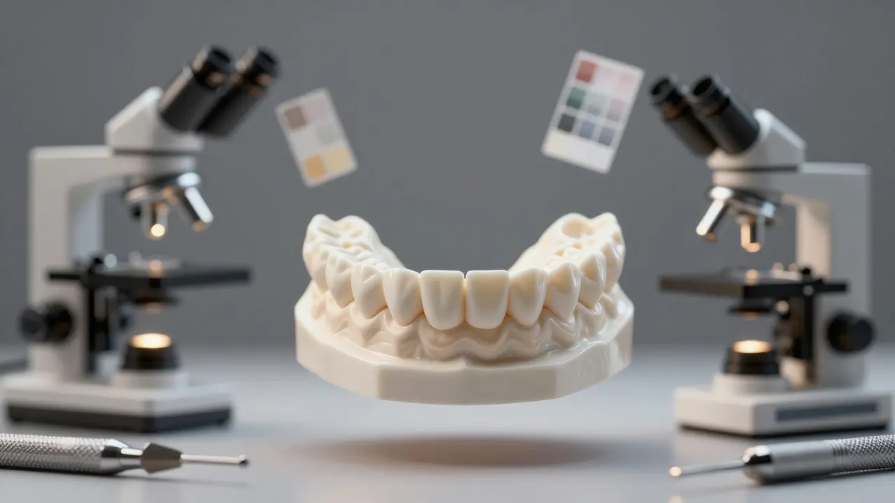 Floating composite veneer with symbolic elements like microscope, light tool, and color swatches.