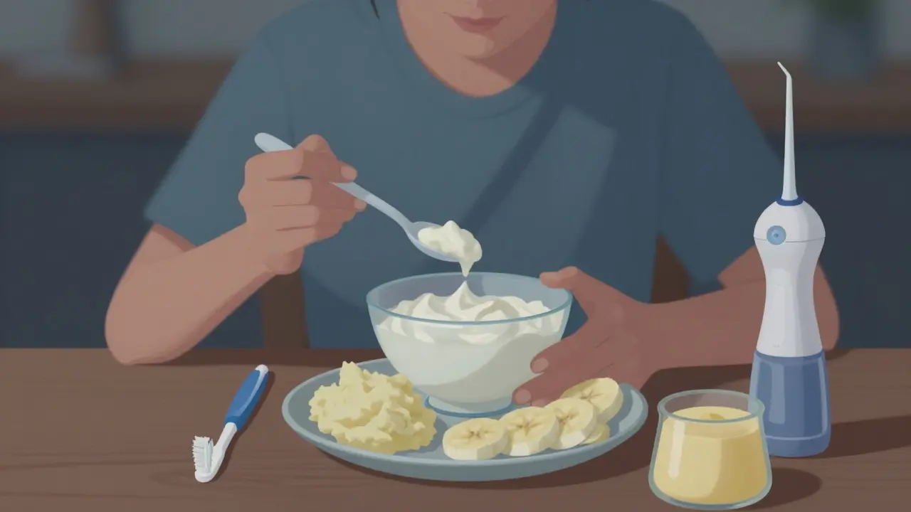 Jídlo měkkých potravin vedle zubního kartáčku a sprchy.