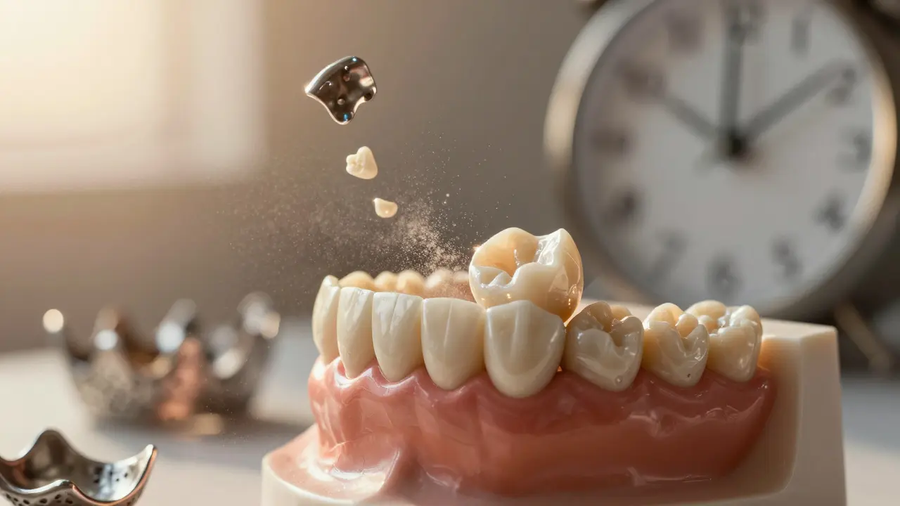 Keramická korunka se vkládá do čelisti, zatímco staré kovové náhrady se mění v prach.