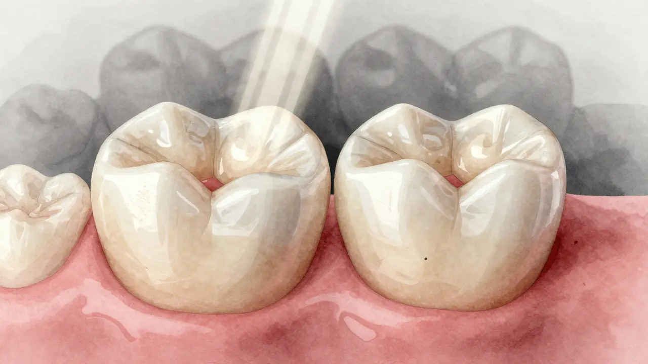 Keramická korunka vedle přirozeného zubu, sestupující světlo ukazuje stejnou průhlednost a barvu.