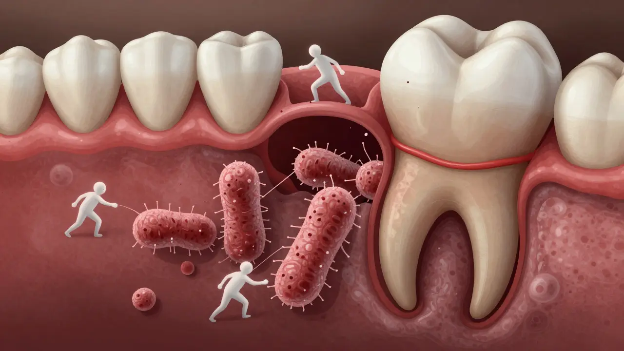 Mikroskopický pohled na bakterie napadající zubní kořen pod dásní.
