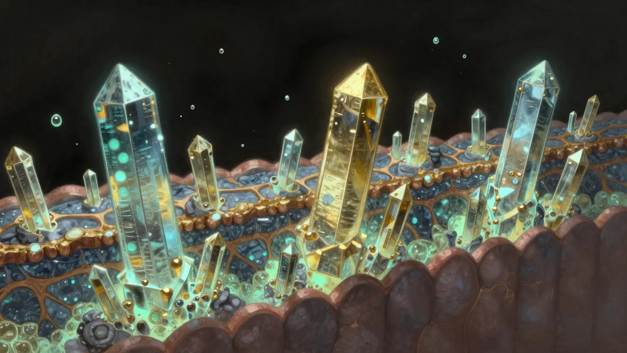 Mikroskopický pohled na enamel, kde fluorid posiluje minerální strukturu.