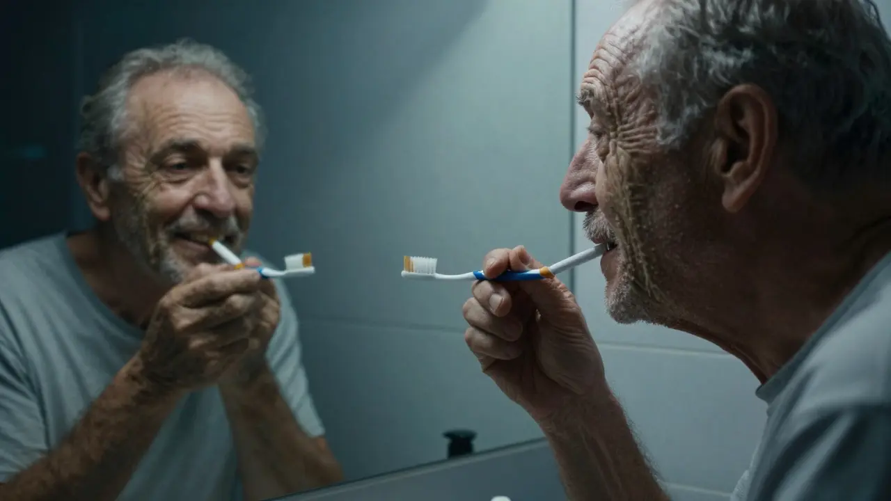 Muž drží zubní kartáček a cigaretu, zrcadlo odhaluje jeho dřívější zdravý úsměv.