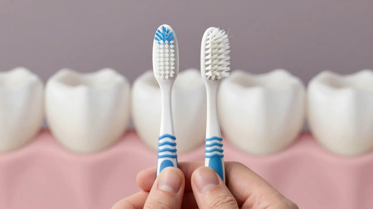 Nový a starý zubní kartáček vedle sebe s mikroskopickým zobrazením plaku