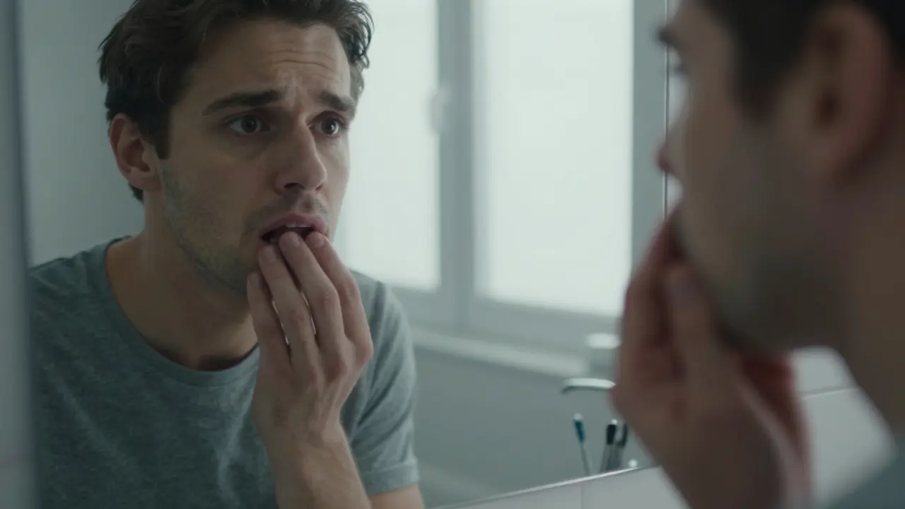 Osoba se dívá do zrcadla a dotýká se nateklých dásní s obavou v očích.