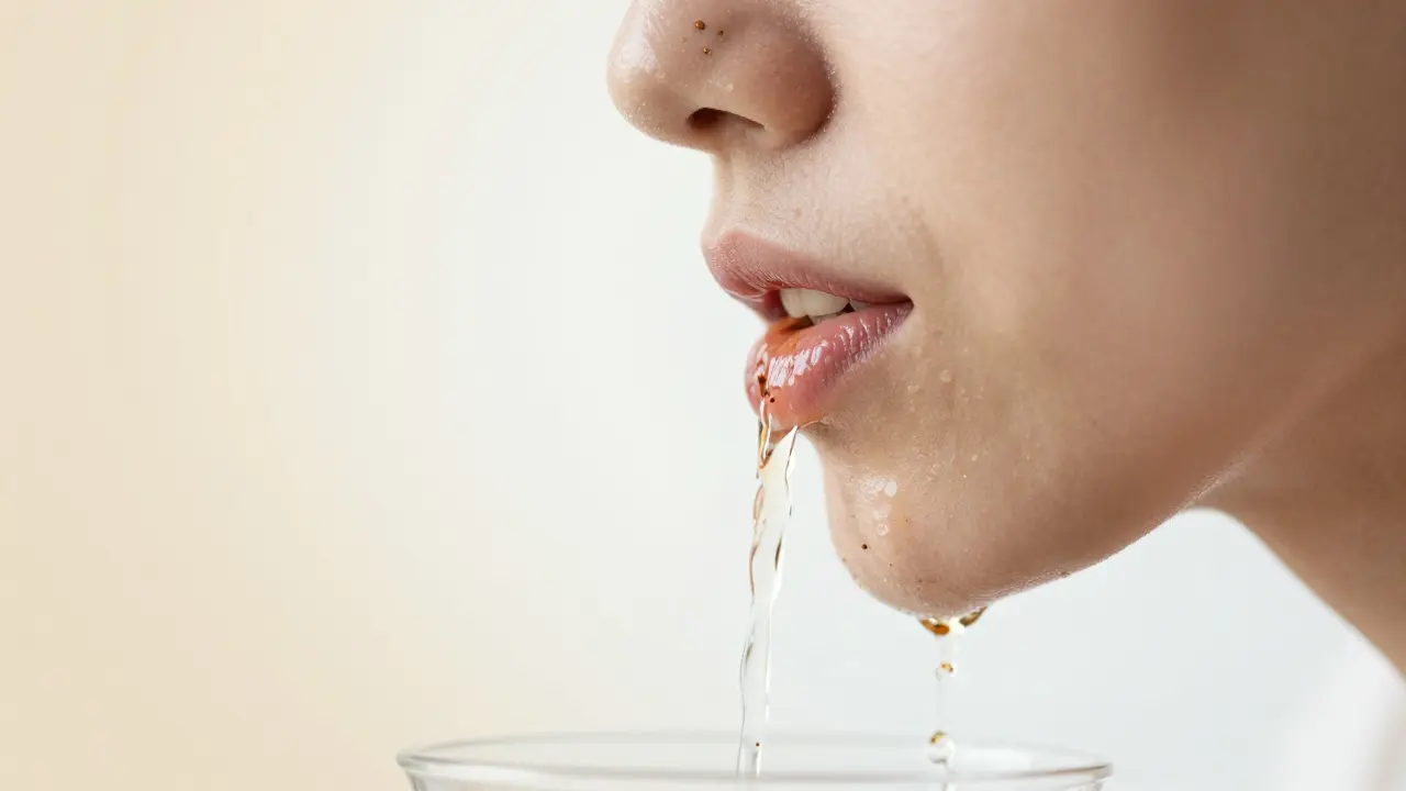 Osoba si pláchně ústa vodou po kávě, viditelně se odplavují tmavé částice z povrchu zubů.