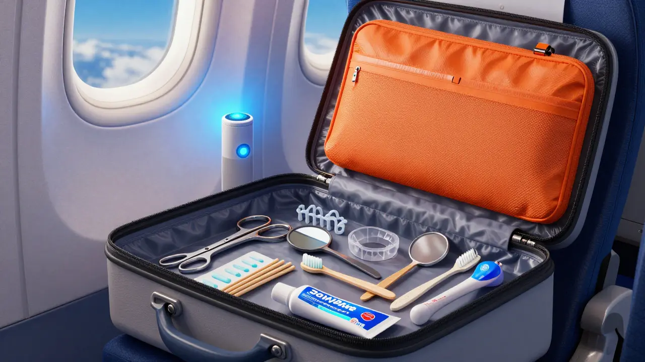 Otevřený kufřík na letadle s ortodontickým kitem: nůžky, vosk, kartáčky a zrcátko.