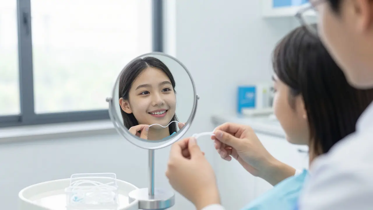 Pacient používá nástroj k výměně gumových pásanek u ortodonty.