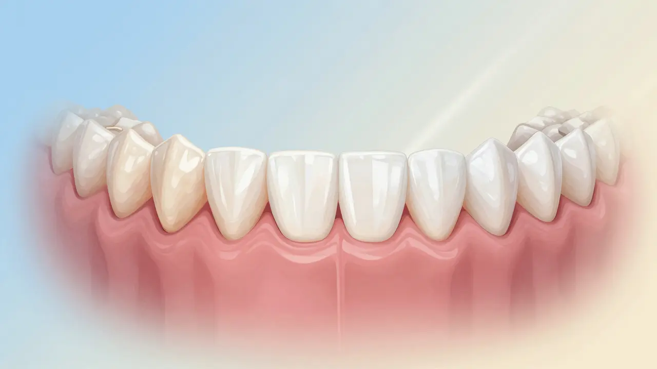 Porovnání před a po: přirozené zuby vs. zlepšené fazetami.