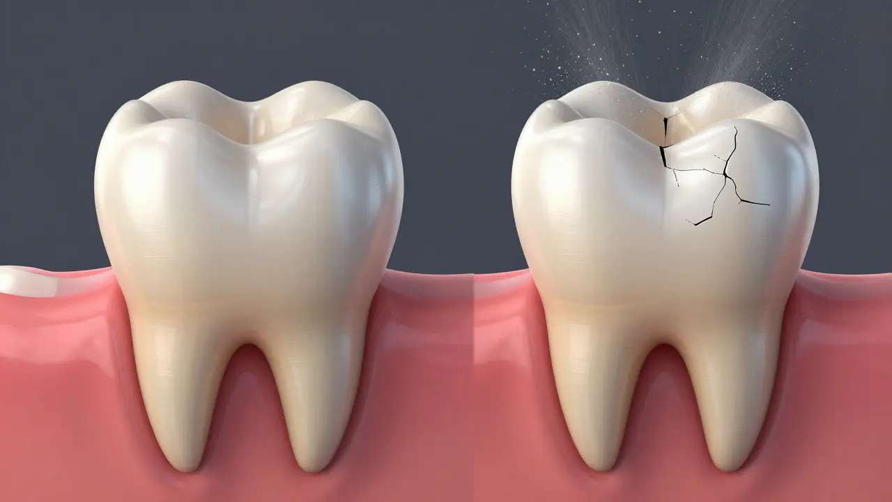 Porovnání zdravého zubu s poškozeným zubem způsobeným nevhodným pískováním.