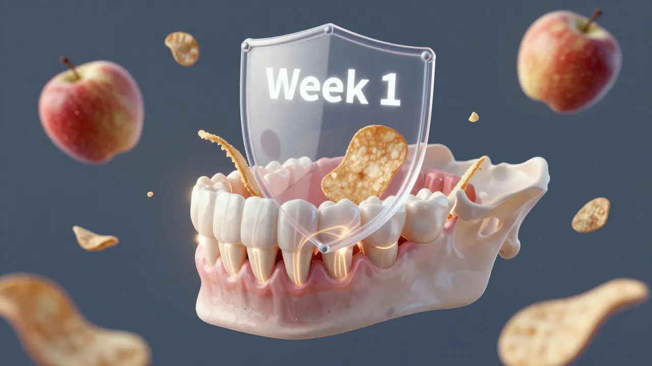 Přehled čelisti s pohybem zubů a blokovanými tvrdými potravinami.