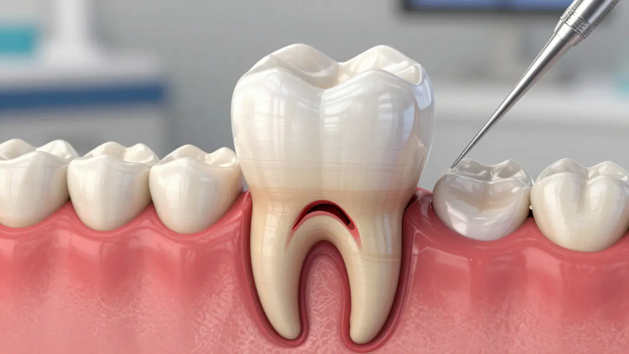 Příčný řez předního zubu s infekcí v kořeni a přechodem k zirkoniové korunkě.