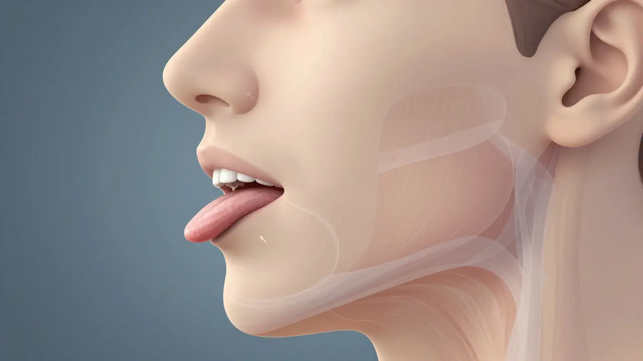 Průřez ústní dutiny ukazující správnou polohu jazyka a dýchání nosem.