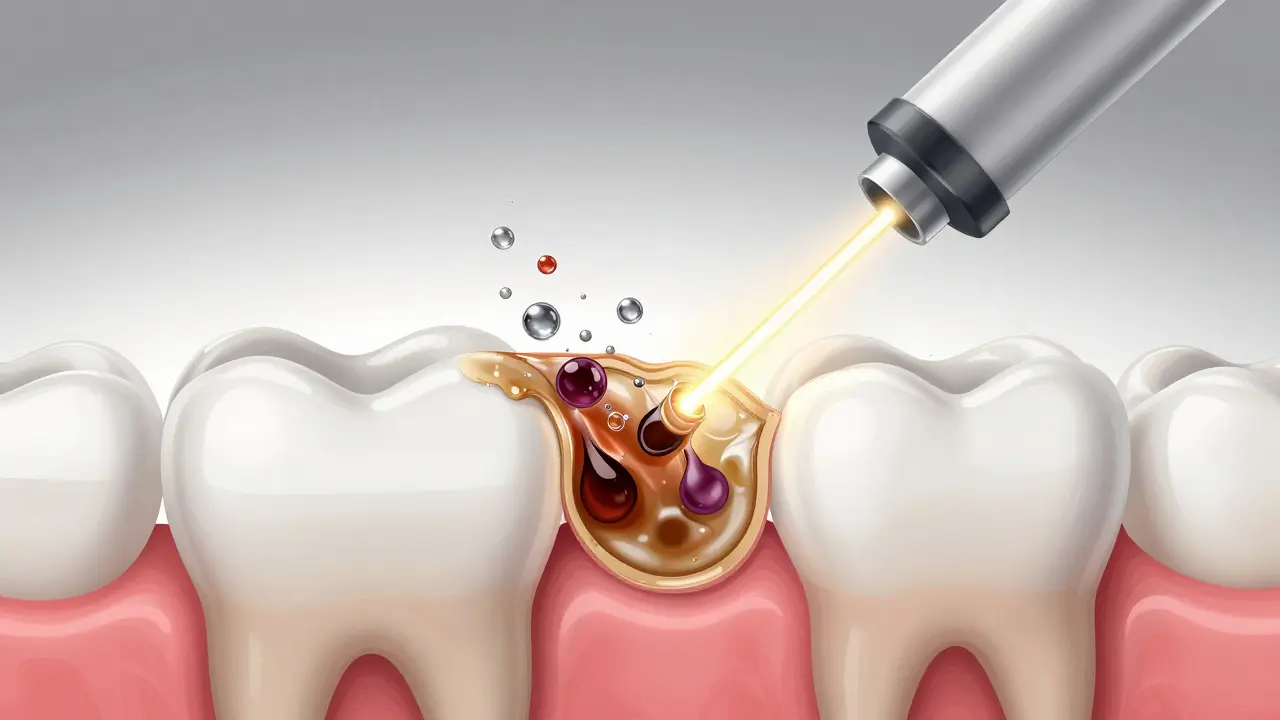 Průřez zubu ukazující, jak laser aktivuje gel, který rozkládá barviva v zubní sklovině.