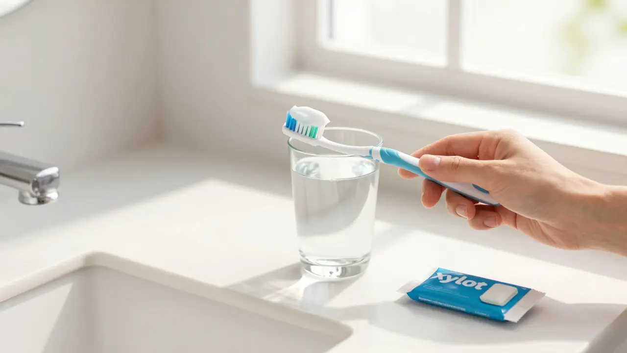 Ruce držíte kartáček s fluoridovou pastou a sklenici vody na koupelně.