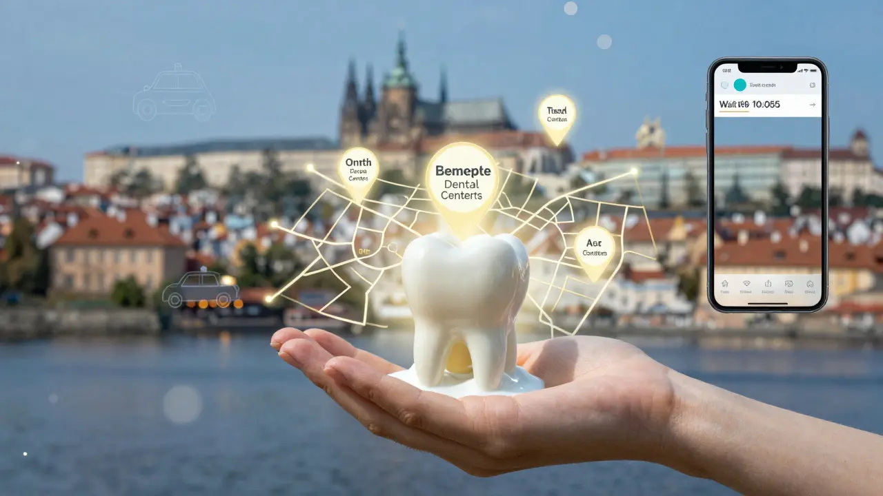 Ruka s uloženým zubem v mléce nad mapou Prahy s označenými pohotovostními klinikami.