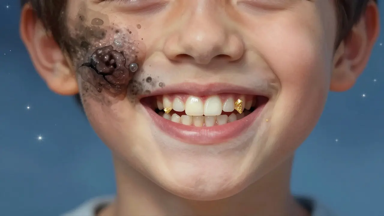 Transformace zubů od tmavých skvrn k jasnému úsměvu, kdy fluoridové krystaly osvěžují zubní sklovinu.