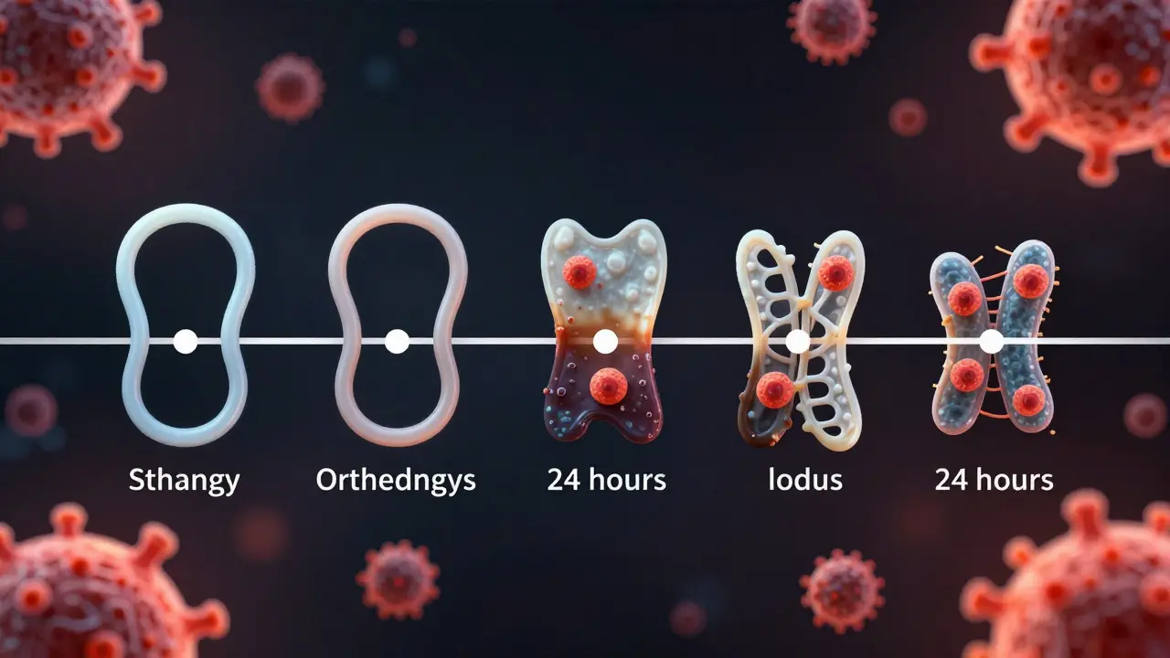 Vývoj gumových pásanek od čistých po poškozené s bakteriemi.