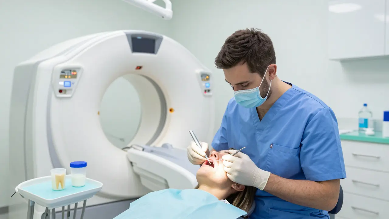 Zubní lékař léčí pacienta s otokem tváře v nouzovém zubním centru s 3D skenerem na pozadí.