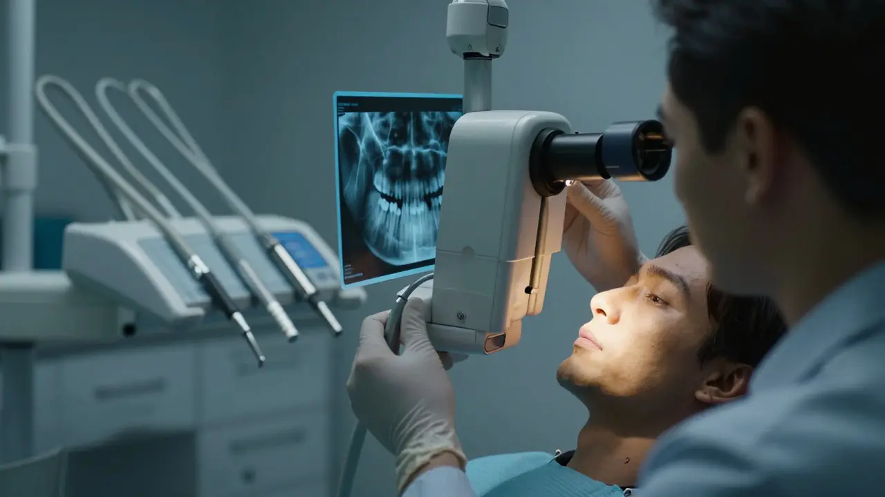 Zubní lékař prohlíží rentgenový snímek s infekcí v kořeni zubu.