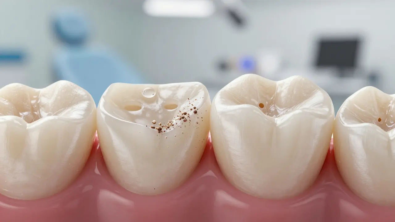 Zvětšený pohled na poškozenou sklovinu zubu s mikrotrhlinami a zbytky abrasivního prášku.