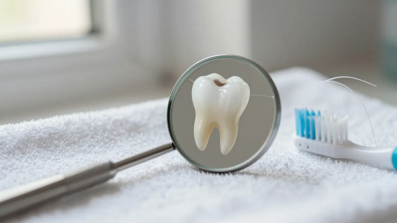 Čisté dentální zrcátko na ručníku s subtilní odrazovou reprezentací kariés.