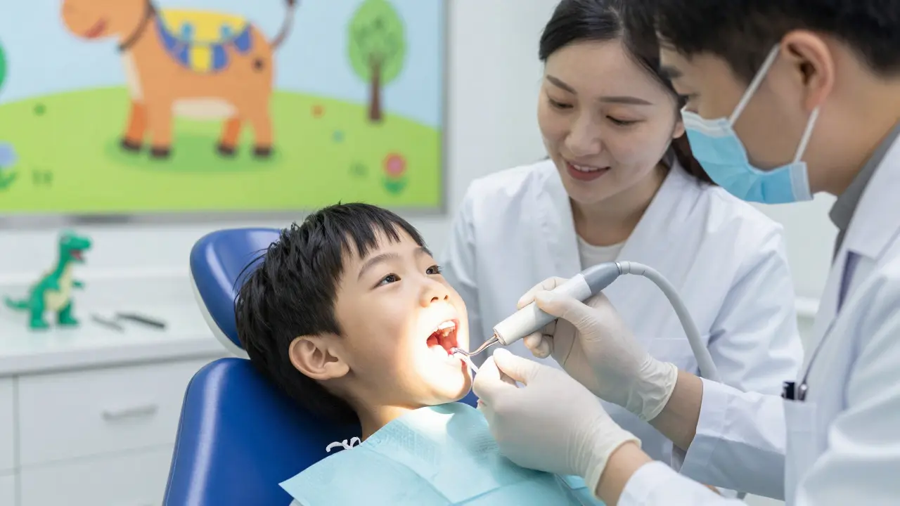 Dětský stomatolog odstraňuje zubní kámen pomocí ultrazvukového čističe v ordinaci.