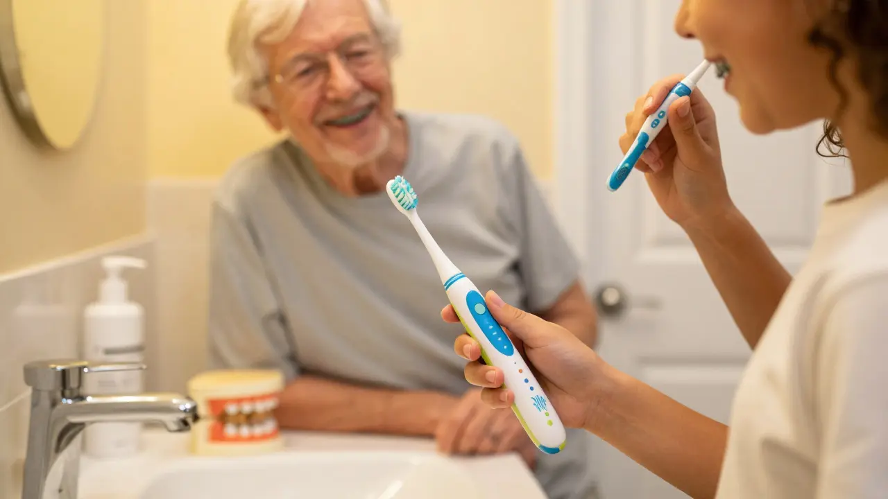 Dítě, senioři a osoba s rovnítkem používají sonické kartáčky