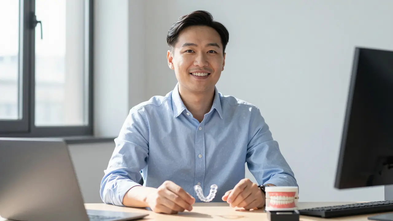 Dospělý člověk se přirozeně usmívá s téměř neviditelnými rovnátky.