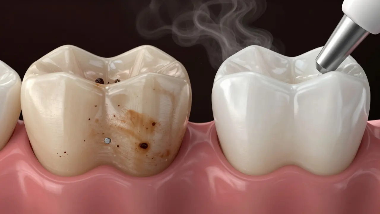 Dva zuby vedle sebe: jeden tmavě zabarvený kávou a čajem, druhý čistý a lesklý po pískování.