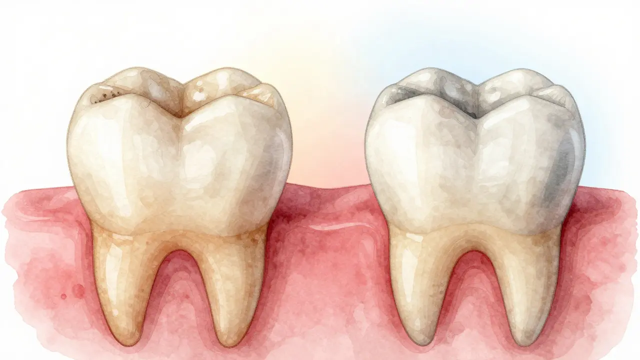Dvě zuby vedle sebe: jeden s povrchovými skvrnami, druhý s hlubokým zbarvením v emailu.