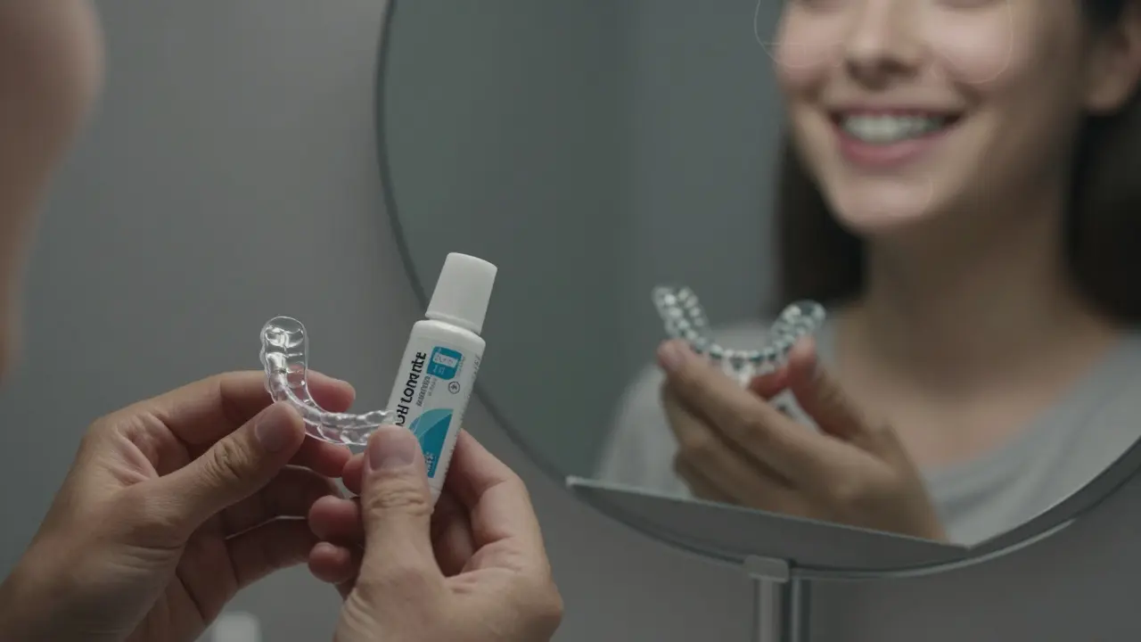 Hands holding retainer and fluoride gel beside mirror reflecting a healthy smile after braces removal.