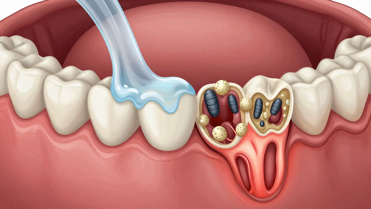 Ilustrace zdravého a nemocného ústního prostředí s bakteriemi ničícími sklovinu a dásně, zobrazeno jako anatomický příčný řez.