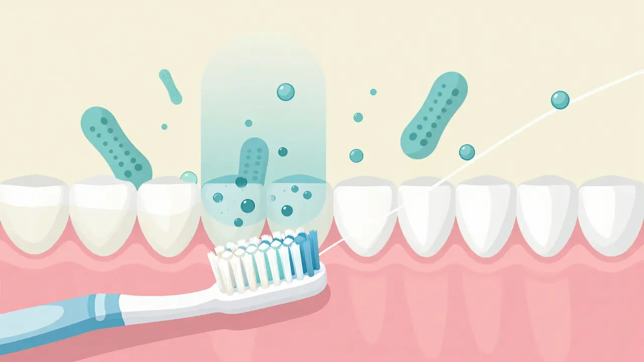 Kartáček a zubní nit odstraňují plak z povrchu zubů a mezer, s transparentním zobrazením bakterií.