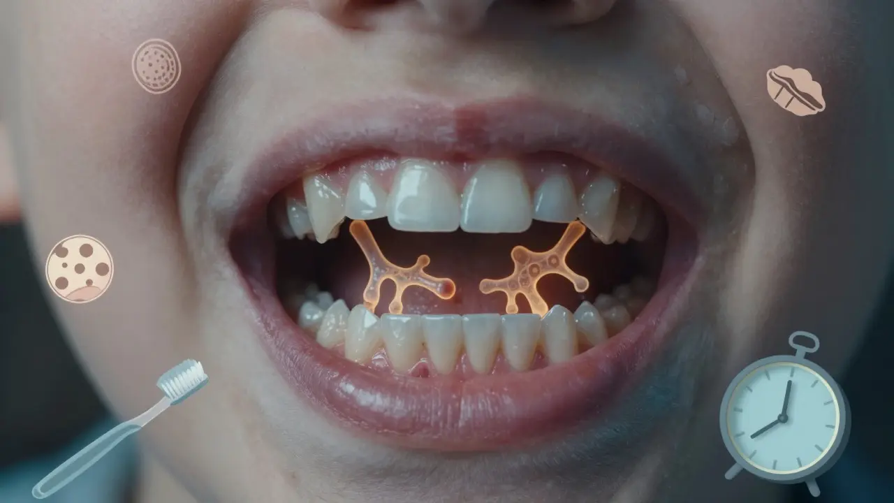 Konceptuální výhled do dětského ústního úvodu s plakem a zubním kamenem vznikajícím z potravinových zbytků.